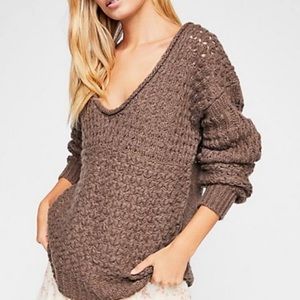 Free People Crashing Waves Pullover Chunky Knit Plunge Sweater Cocoa Brown Small